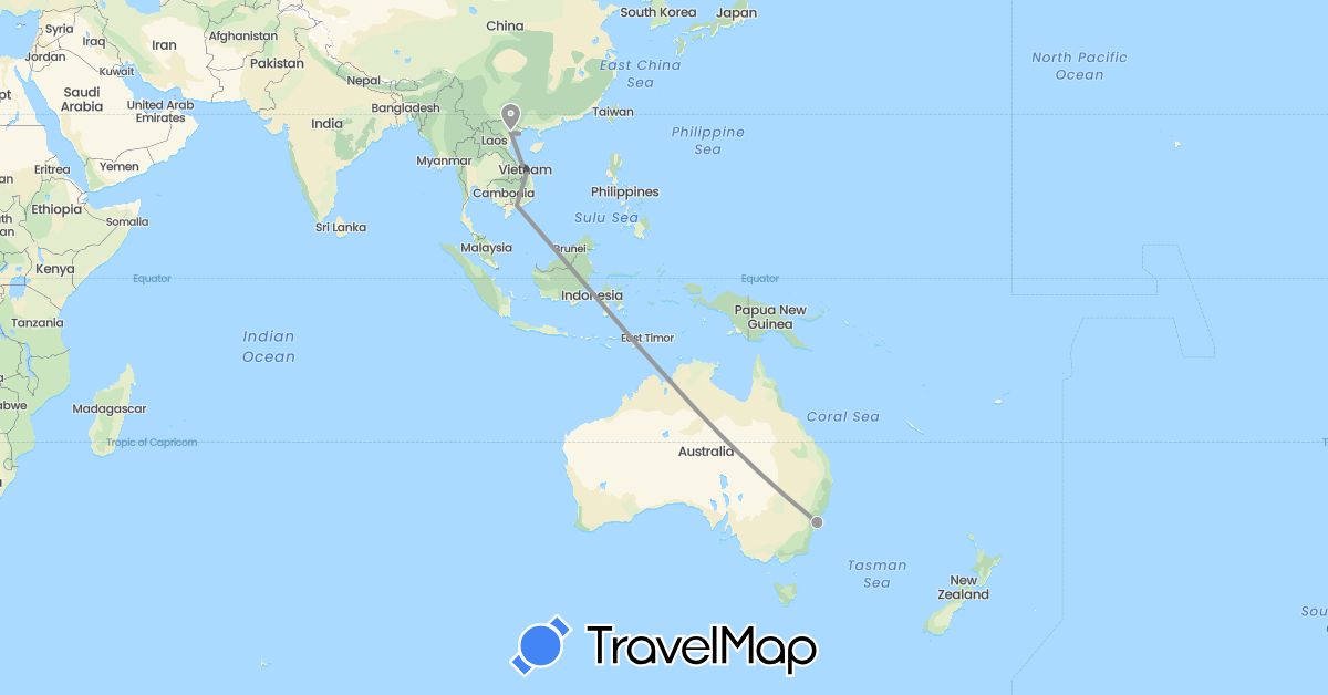 TravelMap itinerary: driving, plane, motorbike in Australia, Vietnam (Asia, Oceania)